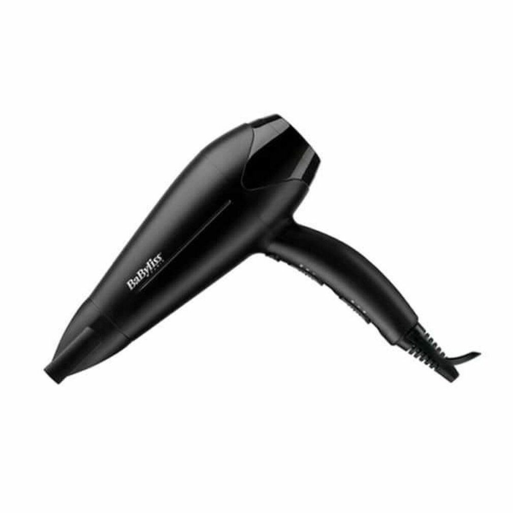 Schwarzer Haartrockner. Marke Babyliss. Längliche Form mit Griff. Schwarzes Kabel.