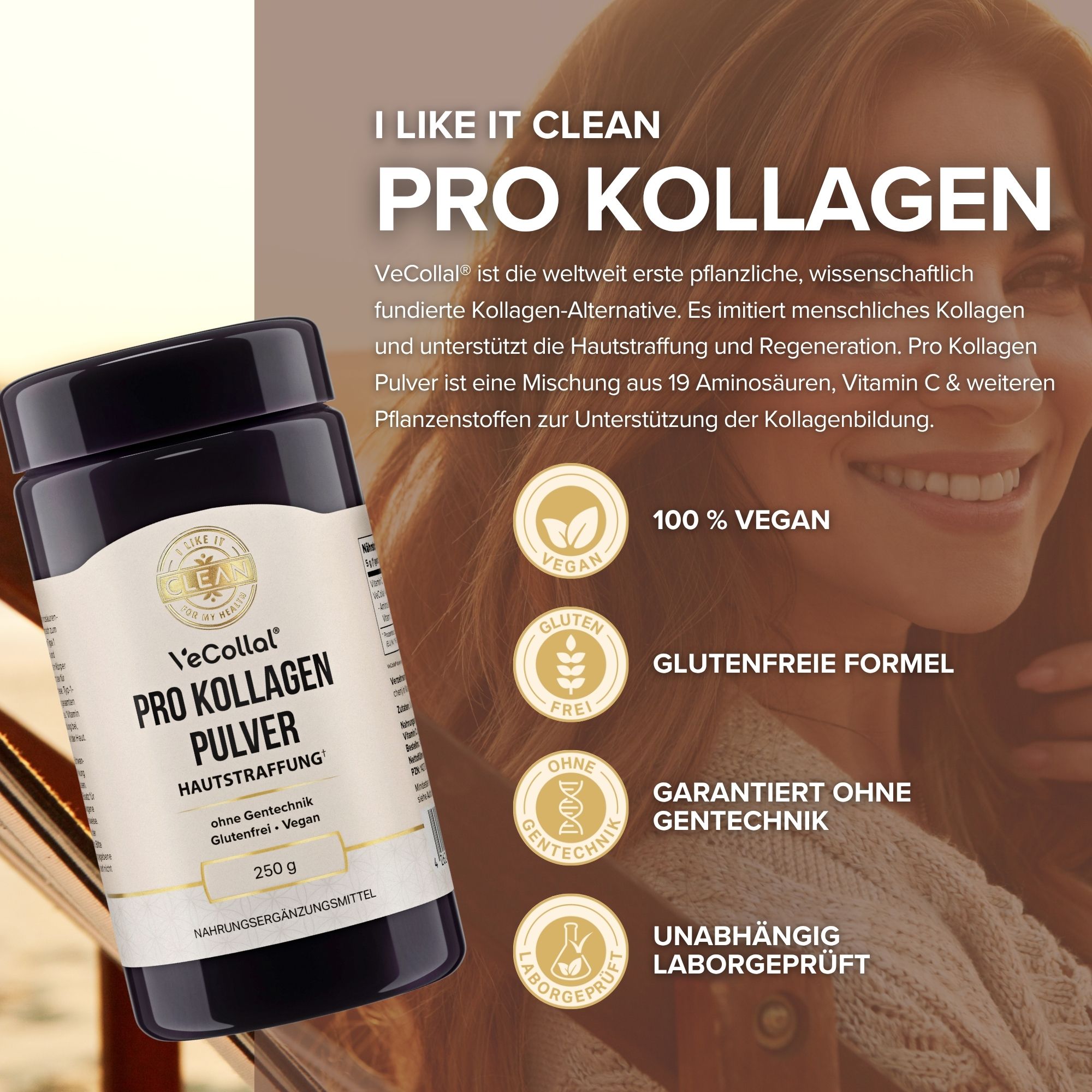 i-like-it-clean Pro Kollagen Pulver Dose. Text: Hautstraffung, 250 g, vegan, glutenfrei. Frau im Hintergrund.