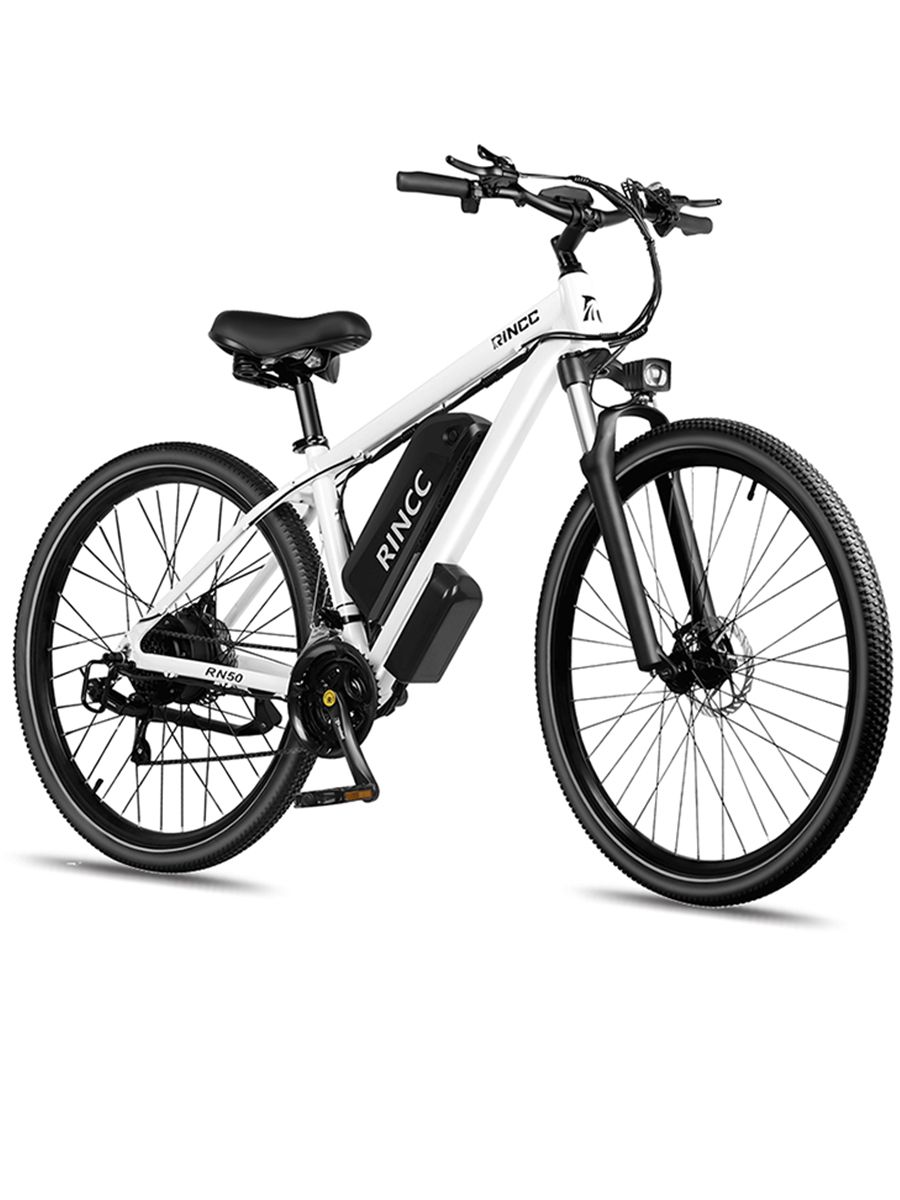 Weißes E-Mountainbike mit schwarzen Reifen und Akku. Marke Rincc, Modell RN50. Schwarzer Sattel und Lenker.
