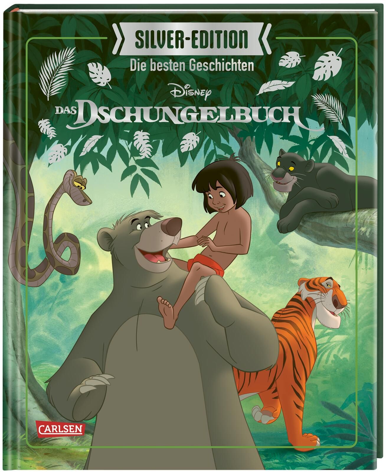 Buchcover: "Das Dschungelbuch". Illustrationen von Mogli, Balu, Baghira, Kaa und Shere Khan. "Silver-Edition"-Logo.