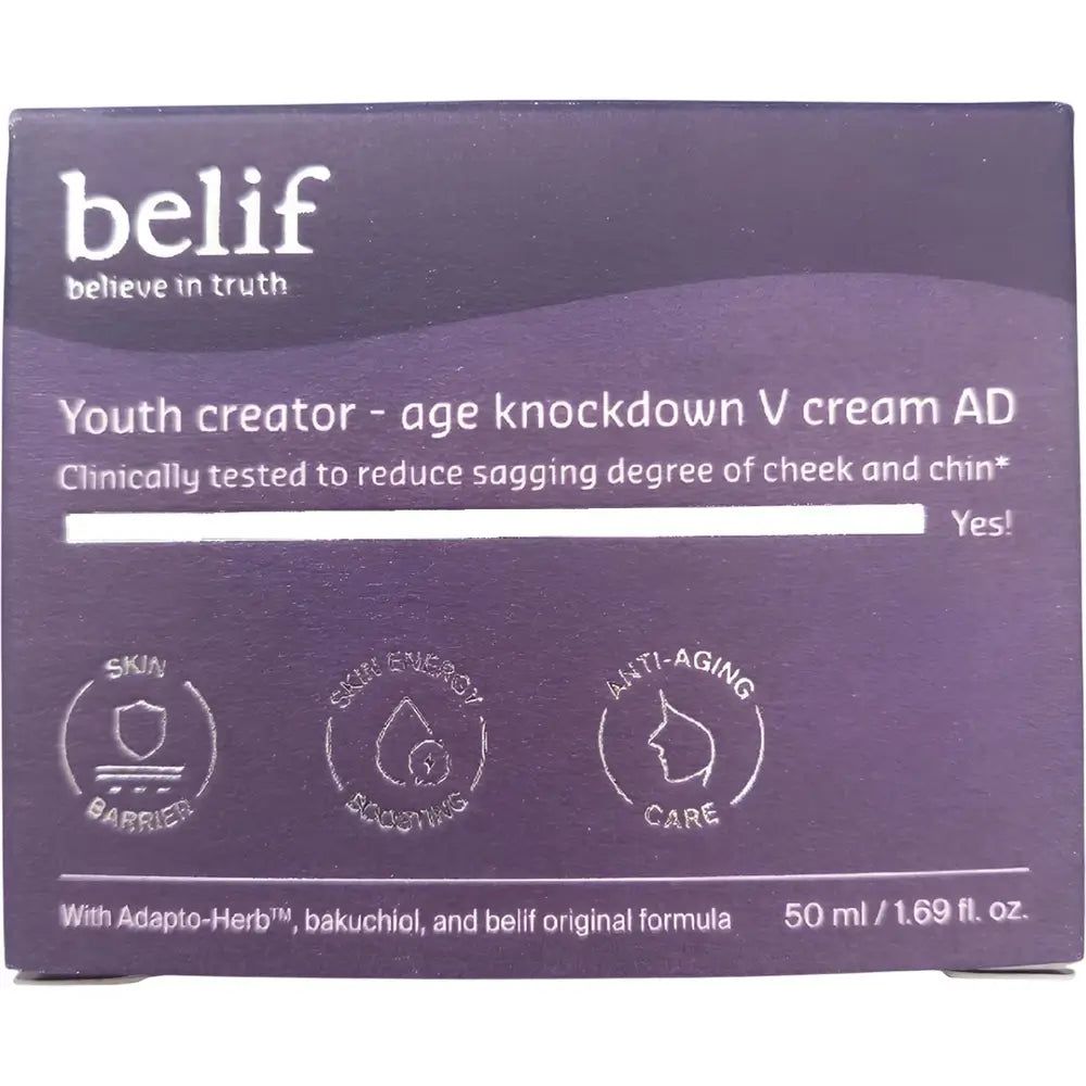 Verpackung der Belif Youth Creator Age Knockdown V Cream mit Symbolen für Hautbarriere, Energie und Anti-Aging.