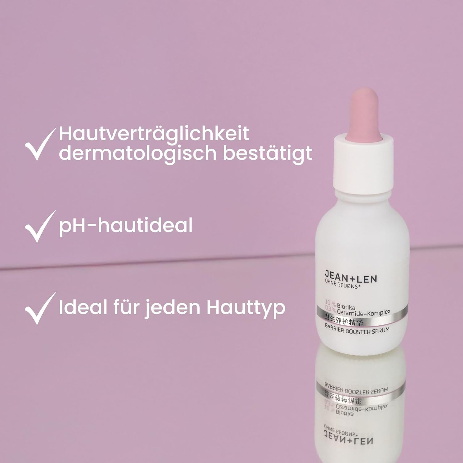 Flasche mit Pipette. Text: Jean & Len, Barrier Booster Serum. Dermatologisch bestätigt, pH-hautideal, ideal für jeden Hauttyp.