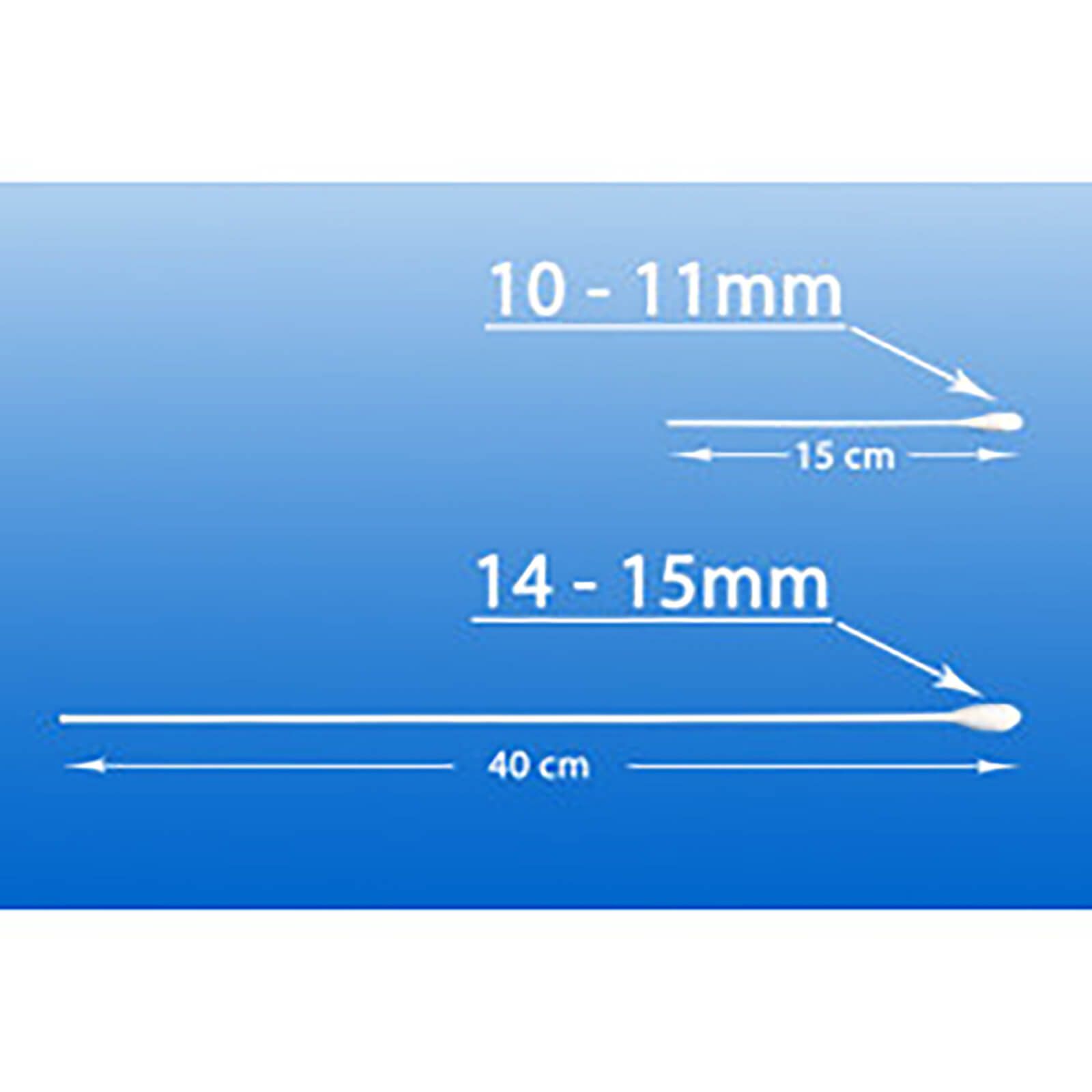 Wattestäbchen-Größenvergleich. Holzstäbchen mit Watte. Größen: 15 cm lang, 10-11 mm, 40 cm lang, 14-15 mm.