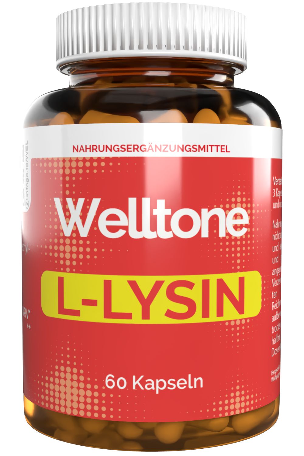 Braune Kapseln in einer transparenten Flasche mit weißem Deckel. Rotes Etikett mit "Welltone L-LYSIN" und "60 Kapseln".