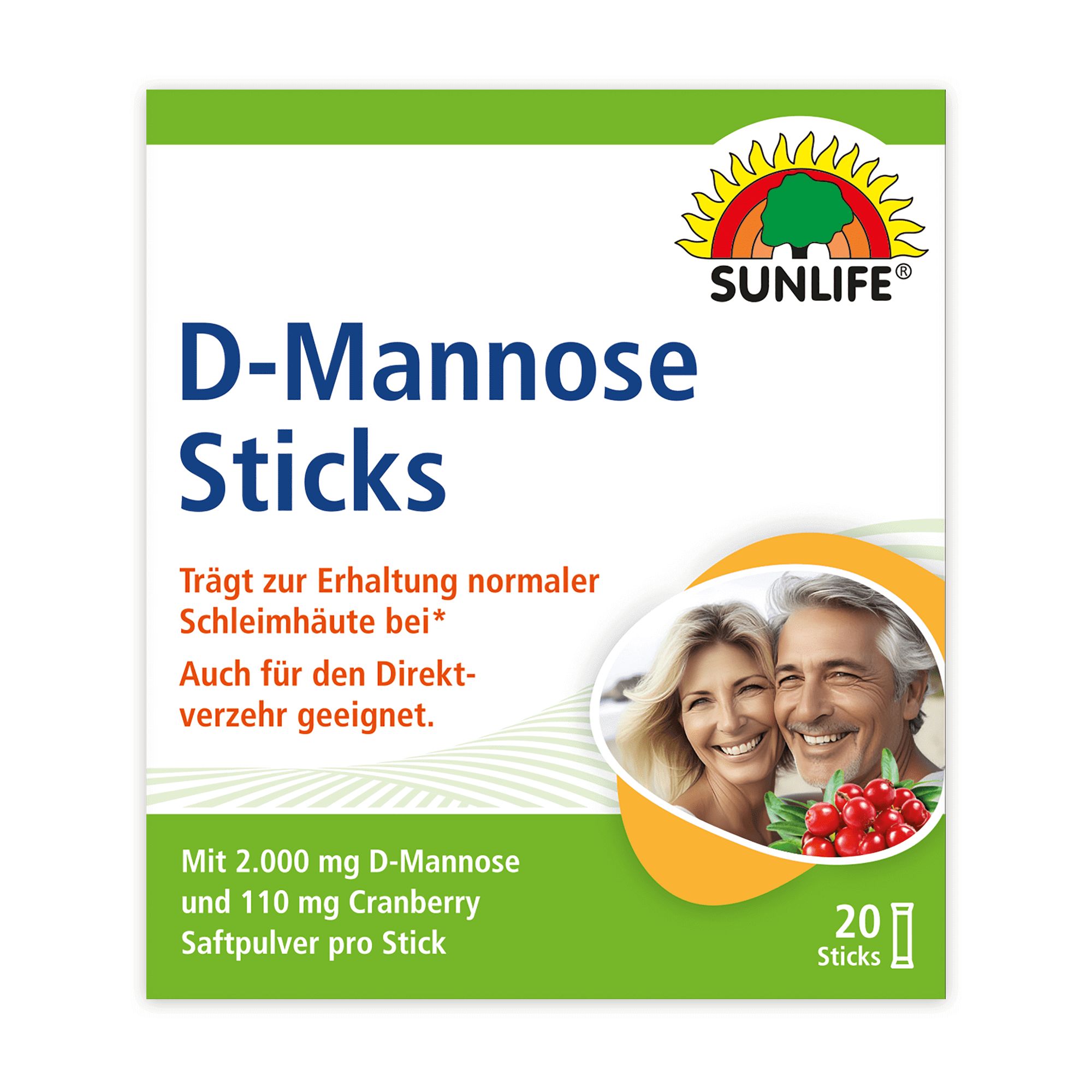 Sunlife D-Mannose Sticks. Verpackung mit 20 Sticks. Enthält D-Mannose und Cranberry-Saftpulver. Abbildung von Mann und Frau.