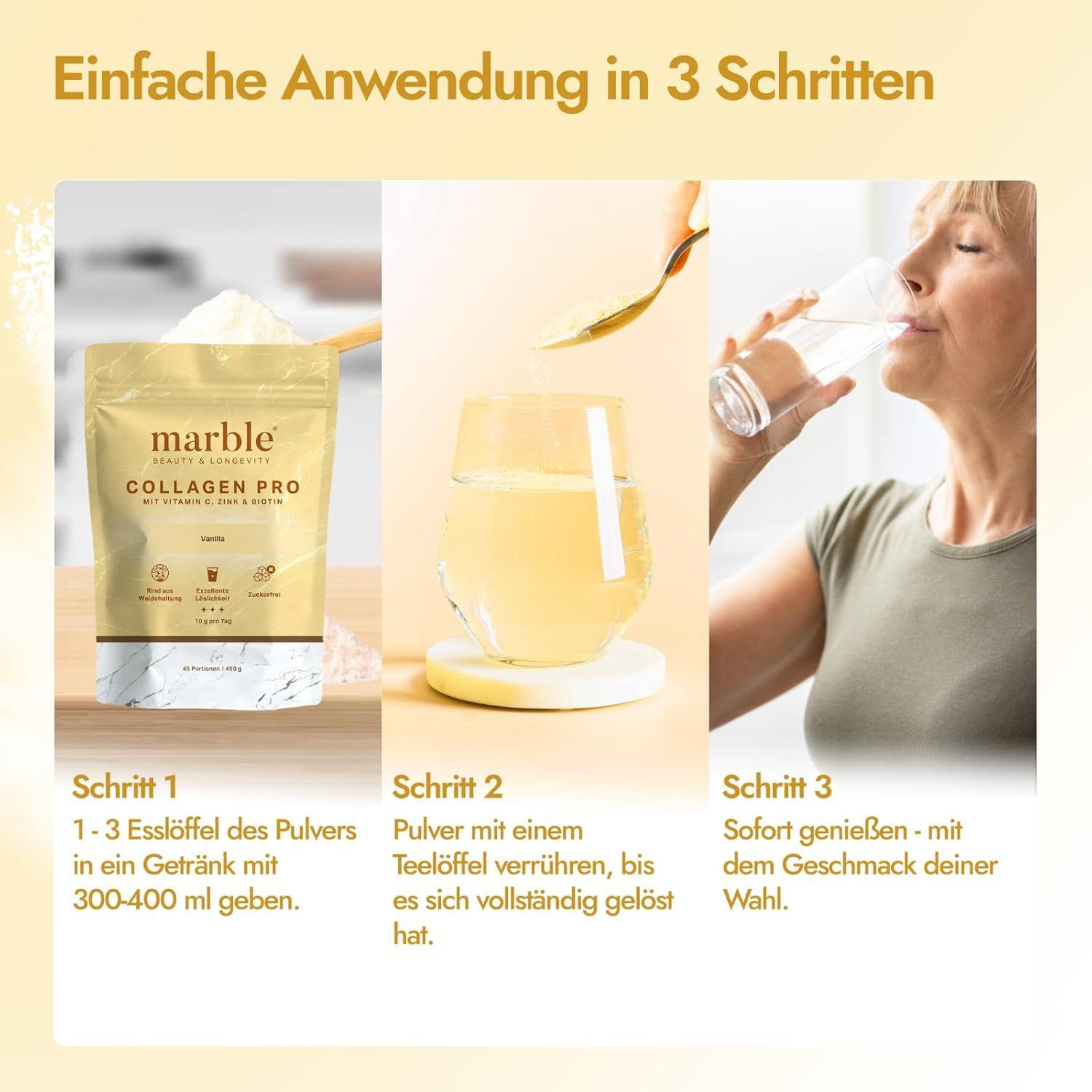 Anleitung zur einfachen Zubereitung von Marble Collagen Pro in 3 Schritten.