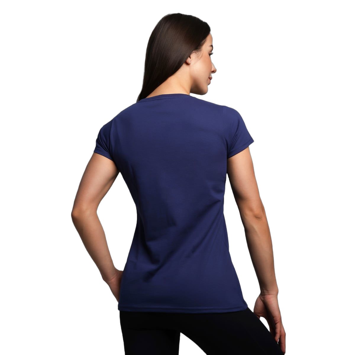 Rückansicht eines dunkelblauen Basic T-Shirts für Damen mit rundem Ausschnitt.