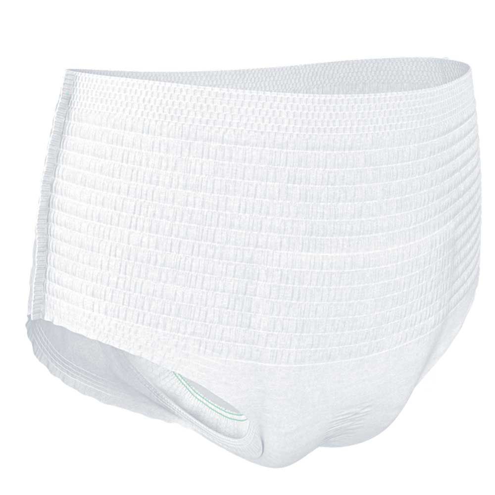 Weiße Inkontinenzhose. Elastischer Bund, Beinabschlüsse. Vorderseite mit FeeldDry-Logo. Strukturierte Oberfläche für verbesserte Absorption.