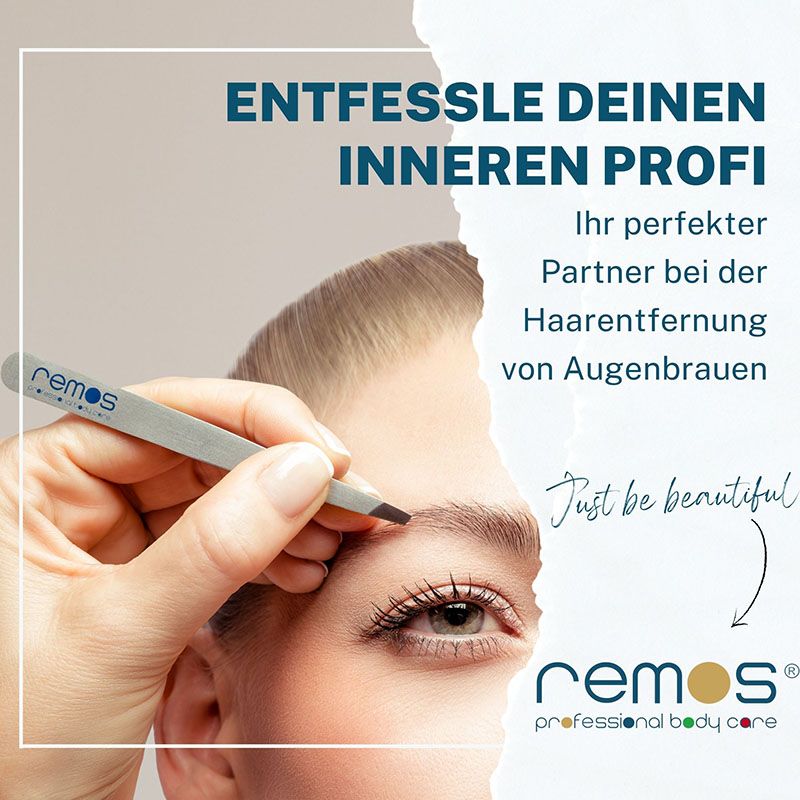 Nahaufnahme einer Hand, die eine REMOS Pinzette zur Augenbrauenkorrektur verwendet. Logo im unteren rechten Bereich.