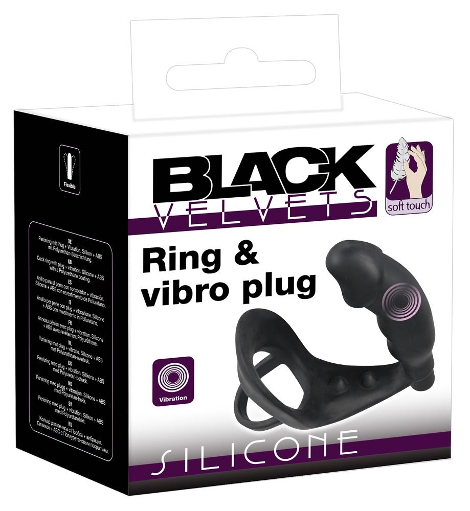 Produktverpackung. Schwarzer Penis-/Hodenring mit Analplug. Produktname: Ring & Vibro Plug. Marke: Black Velvets. Verpackung aus Karton.
