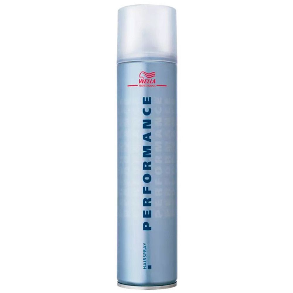 Haarspray-Dose mit weißem Deckel. Aufschrift "PERFORMANCE" und Logo. Blaue Dose mit silbernem Boden.