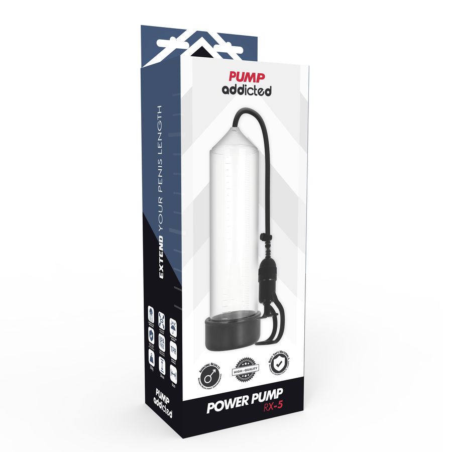 Verpackung mit Produktname und Logo. Transparente Pumpe mit schwarzem Sockel und Schlauch. Text: POWER PUMP RX-5.