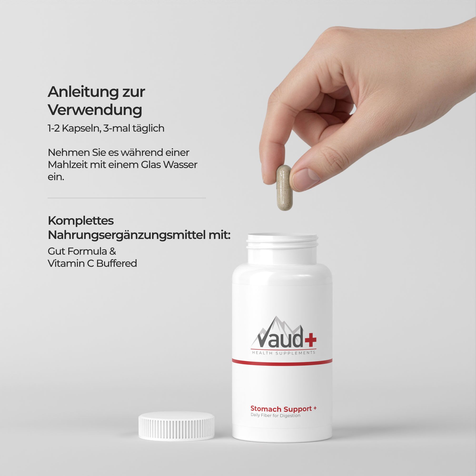 Hand hält Kapsel über Flasche. Text: Anwendung: 1-2 Kapseln, 3-mal täglich. Nahrungsergänzungsmittel mit Gut Formula.