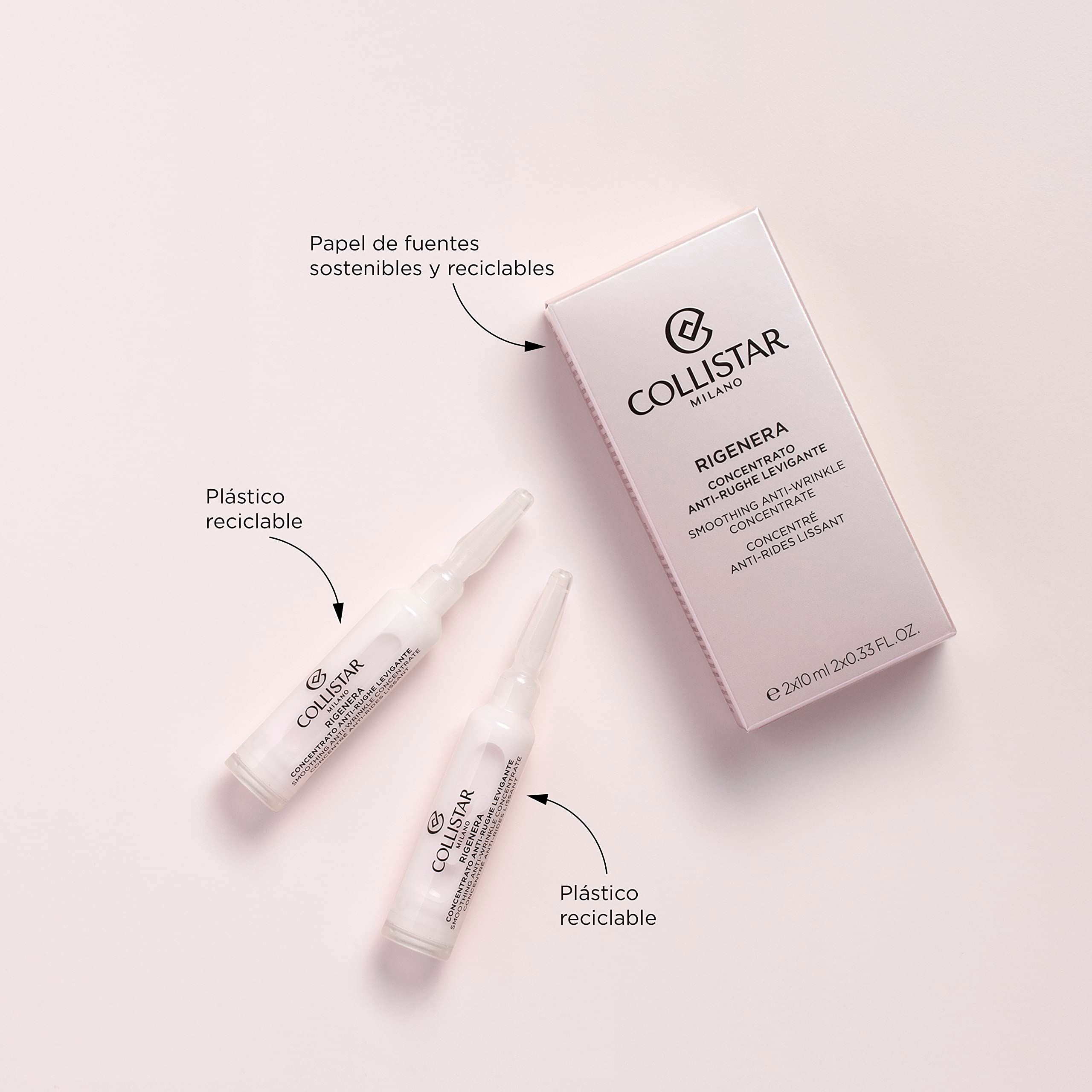 Zwei Ampullen und eine Verpackung. Beschriftung: Collistar Milano Rigenera Concentrato Antirughe Levigante. Pfeile zeigen auf recycelbares Plastik.