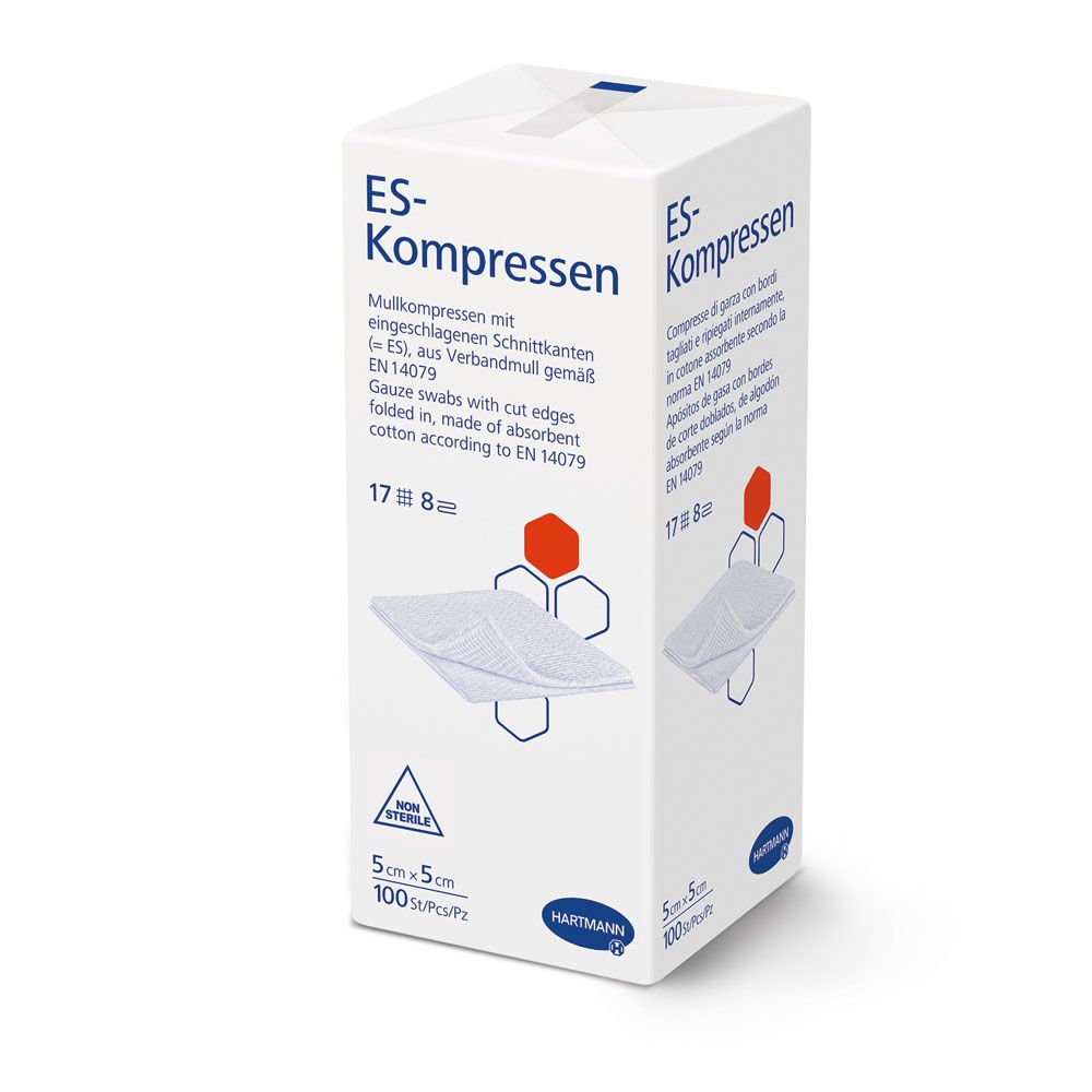 ES-Kompressen-Verpackung. Aufdrucke: Produktname, Beschreibung, Größe, Anzahl, Herstellerlogo. Baumwollkompressen.