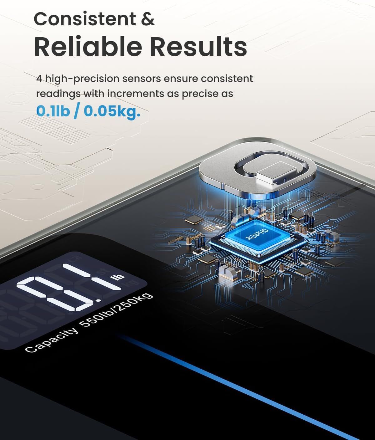 Digitale Personenwaage. 4 Sensoren für präzise Messungen. Inkremente von 0,1 lb / 0,05 kg. Schwarzes Design mit Display.