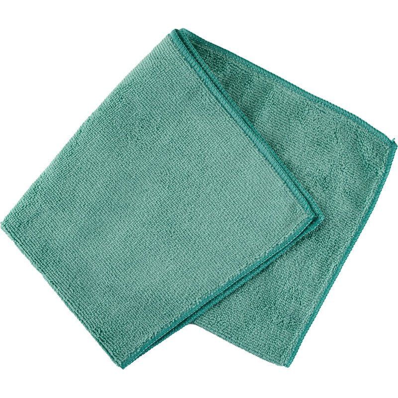 Zwei gefaltete, rechteckige Mikrofasertücher in Türkis. Die Ränder sind mit einer dunkleren Farbe eingefasst.