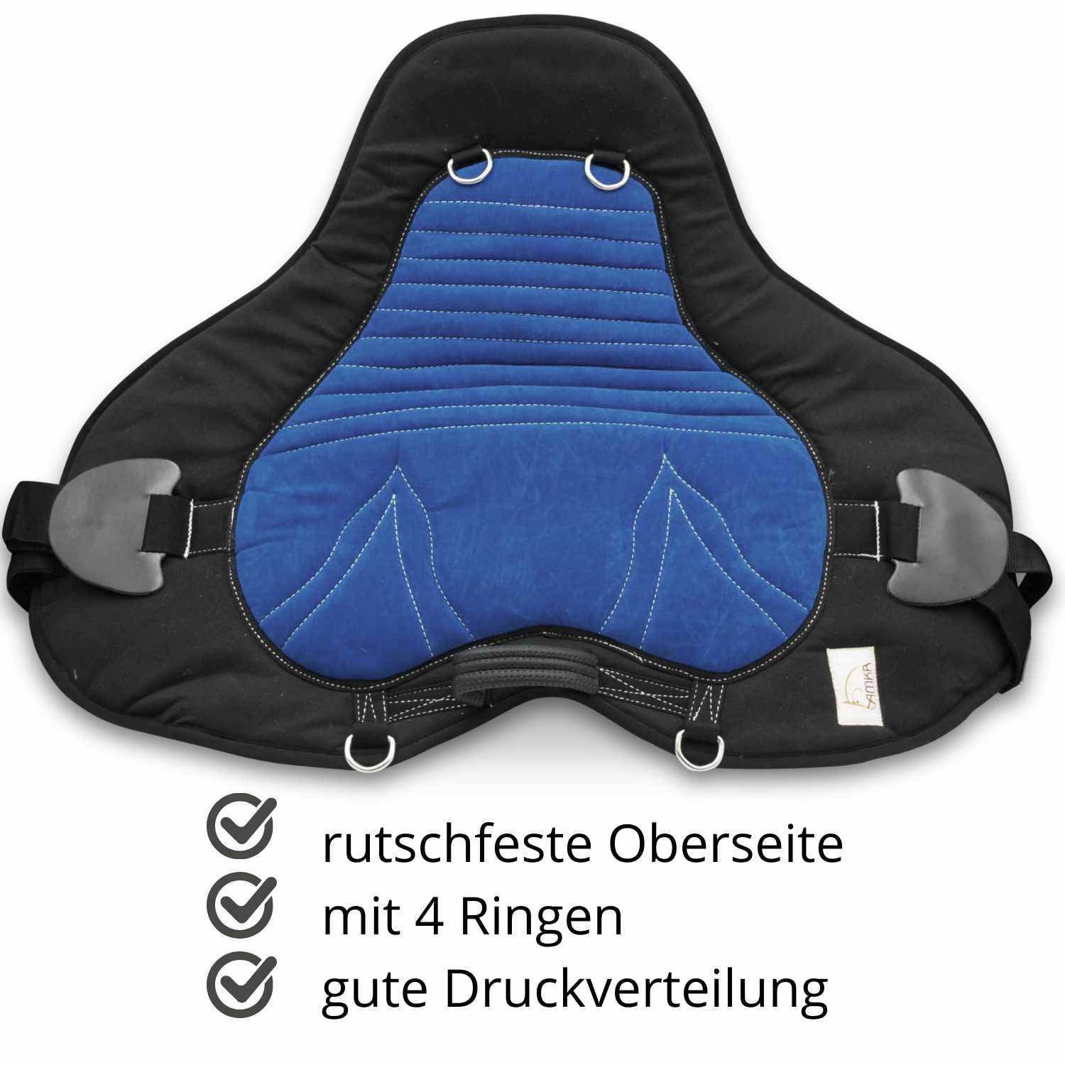 AMKA Soft Seat Bareback Pad, blau mit schwarzem Rand. Rutschfeste Oberseite, 4 Ringe, gute Druckverteilung.