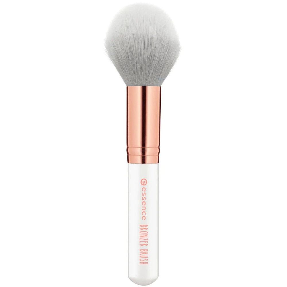 Puderbronzer-Pinsel. Weißer Pinselkopf, kupferfarbener Schaft, weißer Griff. Schriftzug: Bronzer Brush.