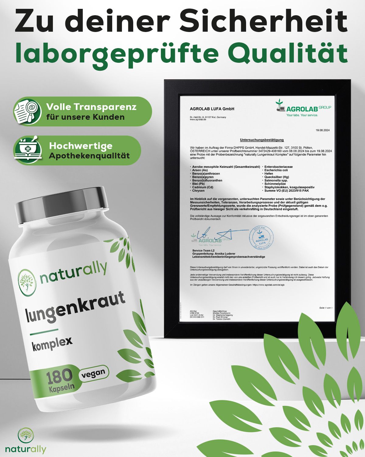 Werbetafel mit Flasche, Zertifikat und Text. naturally Lungenkraut Komplex, 180 Kapseln, vegan. Laborgeprüft.