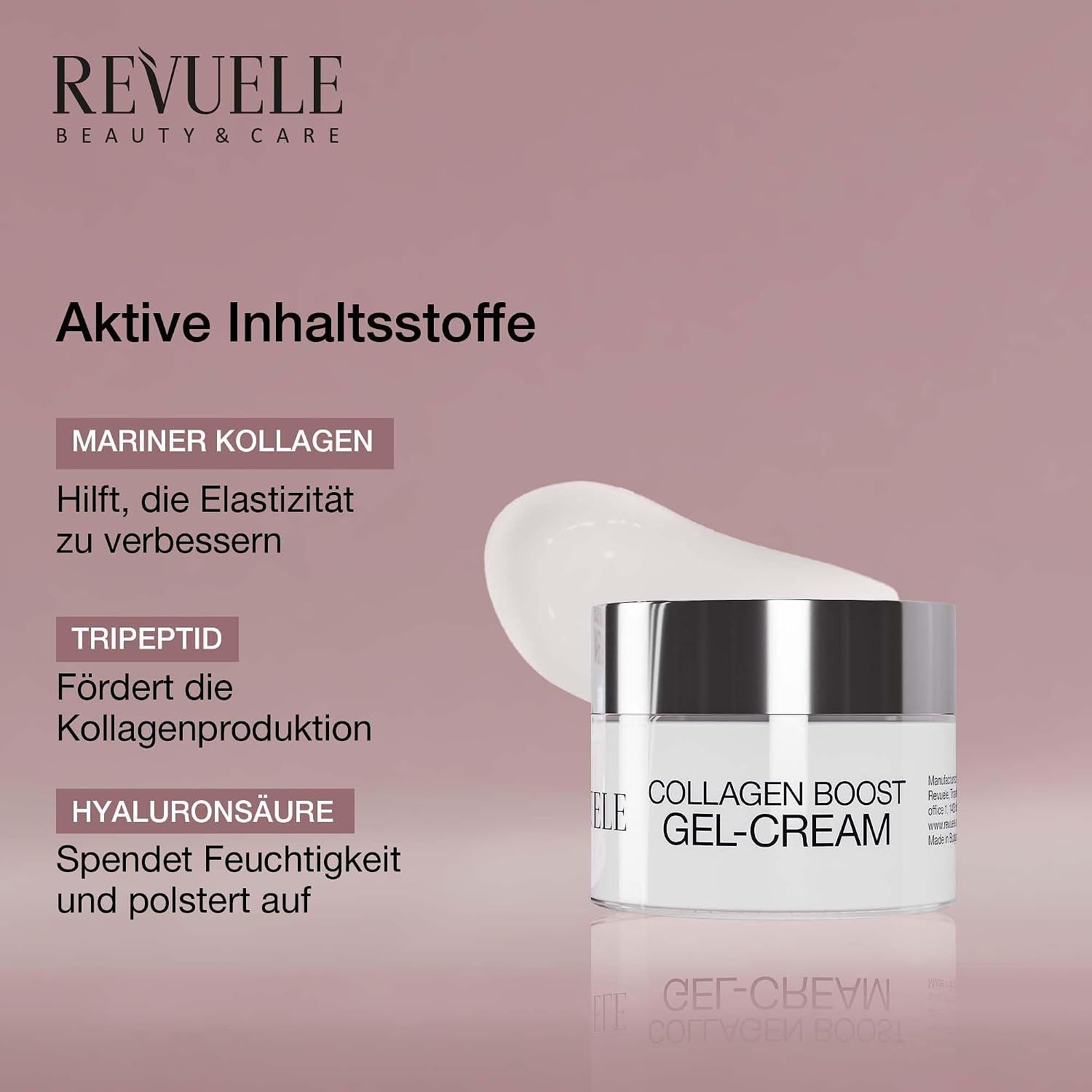 Revuele Collagen Boost Gel-Cream, Tiegel mit silbernem Deckel und Text.