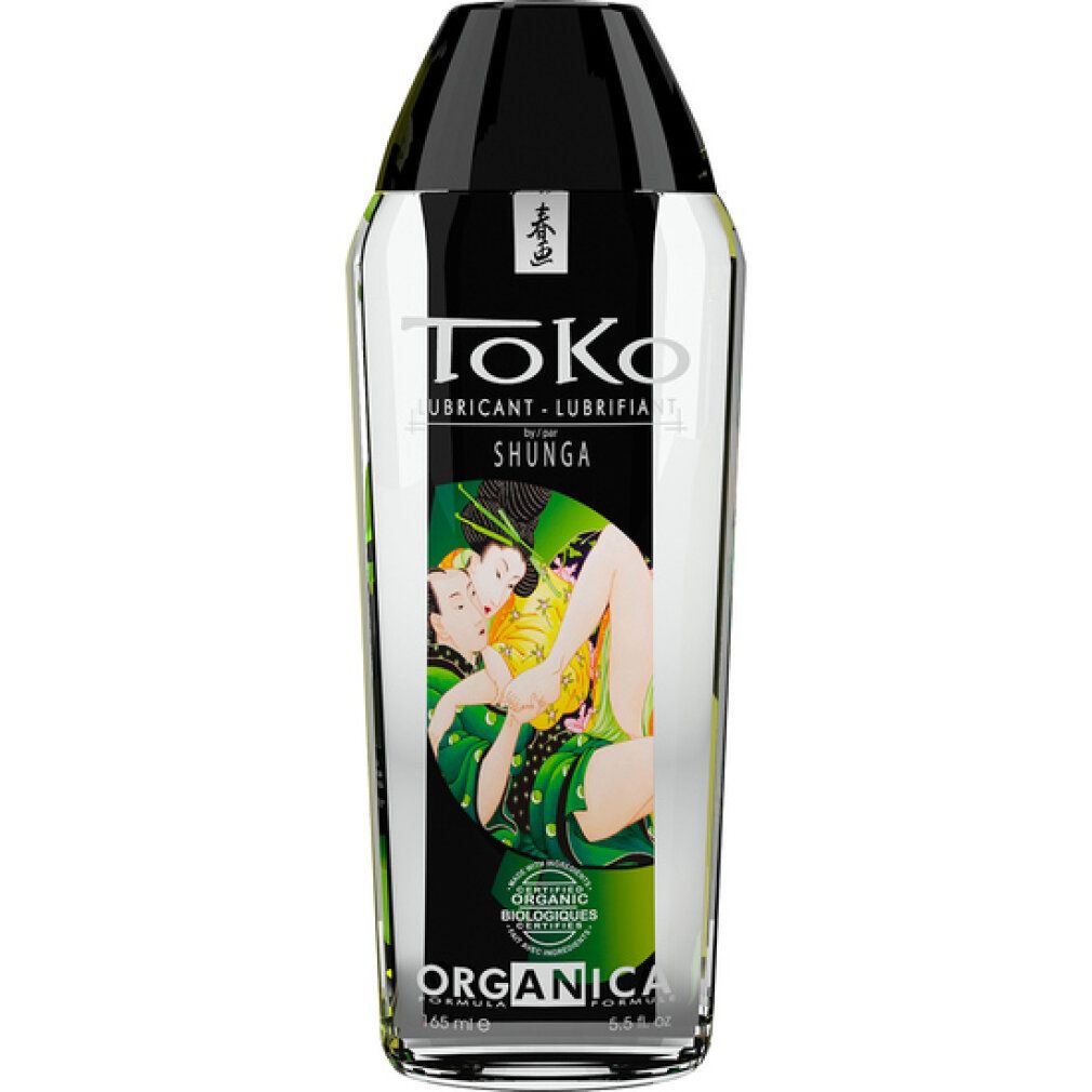 Toko Organica Shunga Gleitmittel in transparenter Flasche mit schwarzem Verschluss. Etikett mit asiatischem Motiv und Produktinformationen.