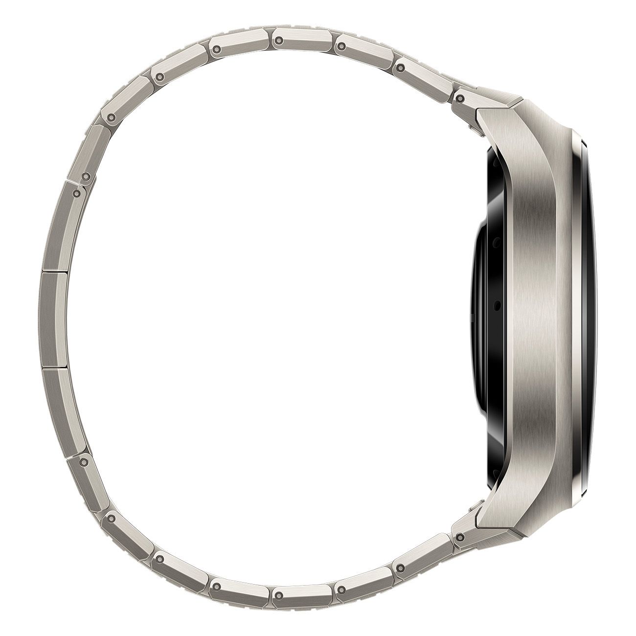 Smartwatch, Seitenansicht. Silbernes Gehäuse und Metallarmband. Runde Form.