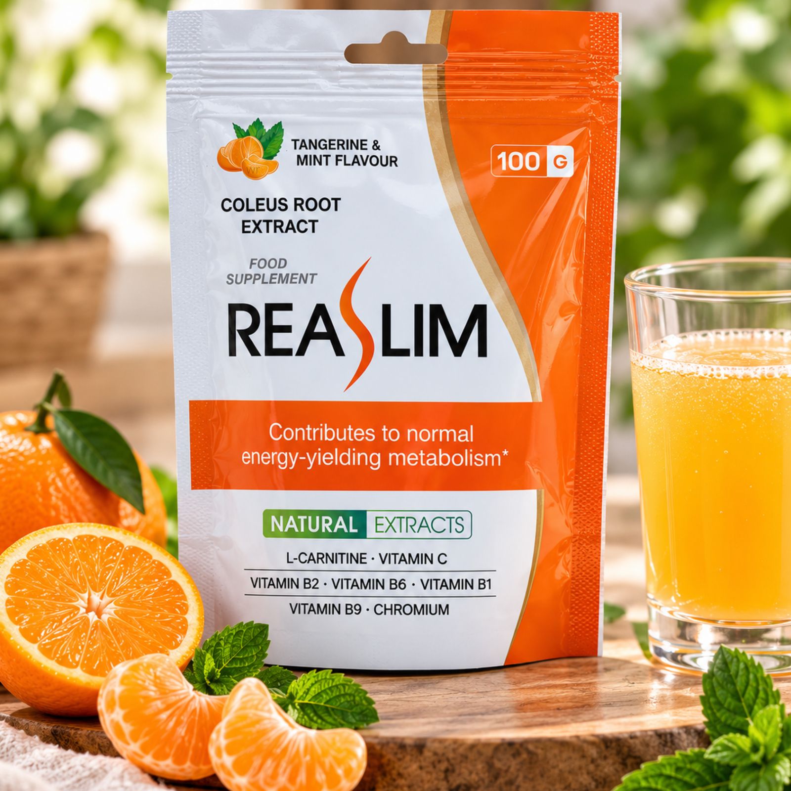 ReaSlim Beutel mit 100g Pulver, Mandarine & Minze Geschmack. Enthält Coleus-Wurzelextrakt, L-Carnitin, Vitamine.