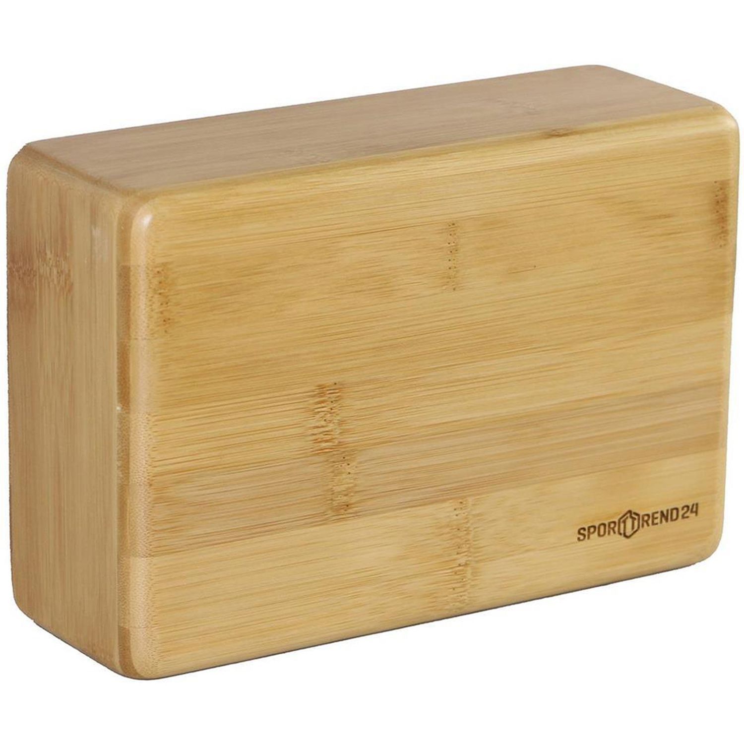 Rechteckiger Yoga-Block aus Bambus. Auf einer Seite ist das Logo von Sporttrend24 zu sehen.