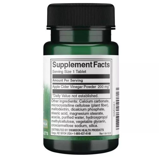 Rückseite einer grünen Tablettenflasche. Aufschrift: Supplement Facts, Apfelessig Pulver 200 mg, Inhaltsstoffe, SWANSON HEALTH PRODUCTS.