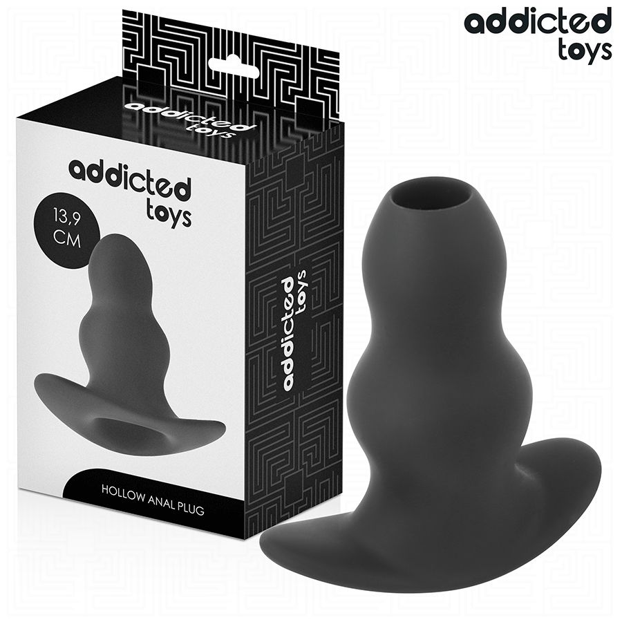 Schwarzer Analplug neben Verpackung. Verpackung mit Produktbild und Text. Marke: Addicted Toys.