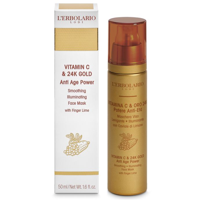 Goldfarbene Flasche und Schachtel. Aufschrift: Vitamin C & 24K Gold Anti Age Power. Produktname und Marke L'Erbolario.
