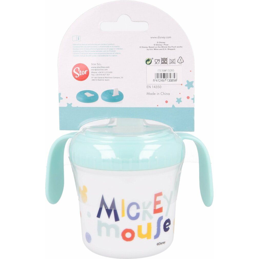 Trinkbecher mit Mickey Mouse-Schriftzug. Hellblauer Deckel und Henkel. Rückseite der Verpackung mit Informationen und Logo.