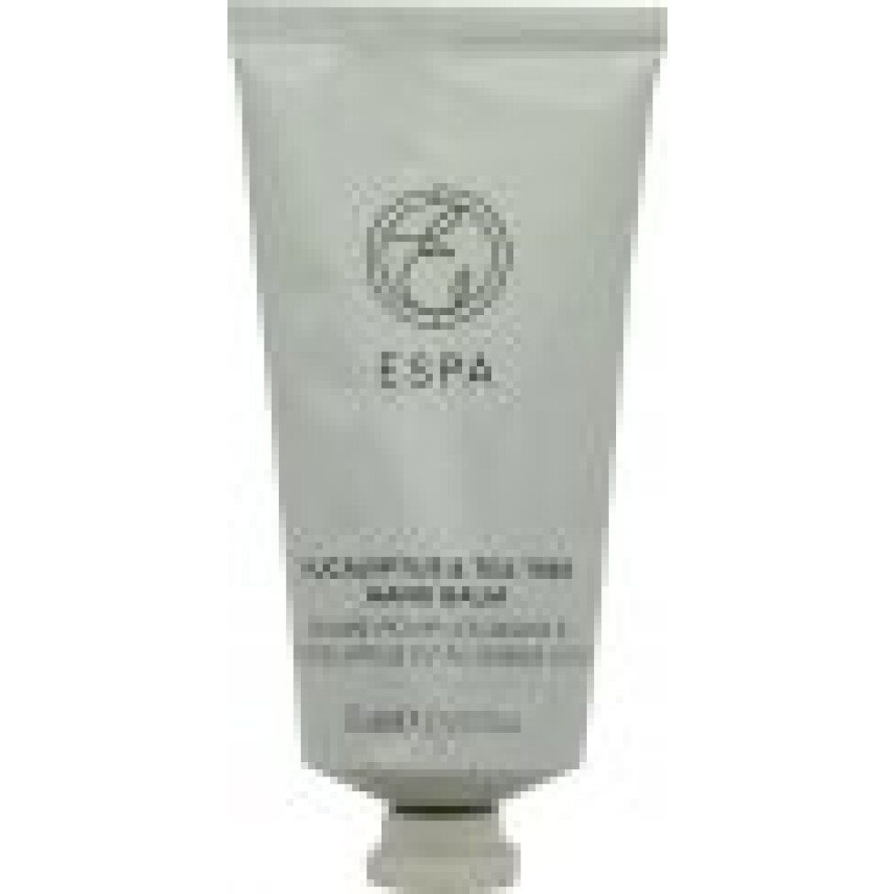 Nahaufnahme einer Creme-Tube mit ESPA-Logo und Aufschrift Eucalyptus & Tea Tree Hand Balm. Graue Tube.