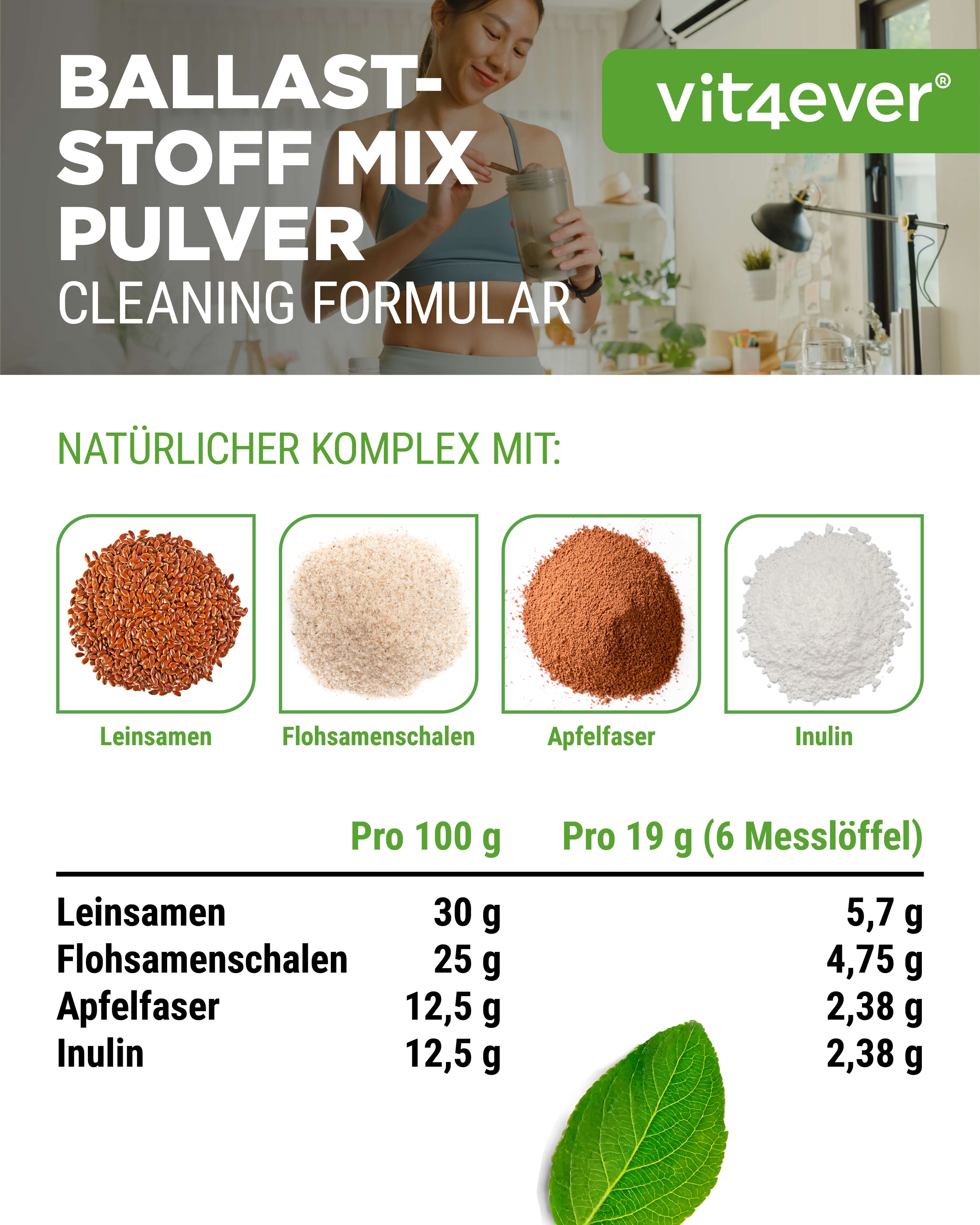 Pulver-Zutaten: Leinsamen, Flohsamenschalen, Apfelfaser, Inulin. Nährwertangaben pro 100g und pro 19g (6 Messlöffel).