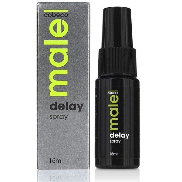 Schwarze Sprühflasche und Schachtel. Aufschrift: malei delay spray. 15ml. Marke: Cobeco.