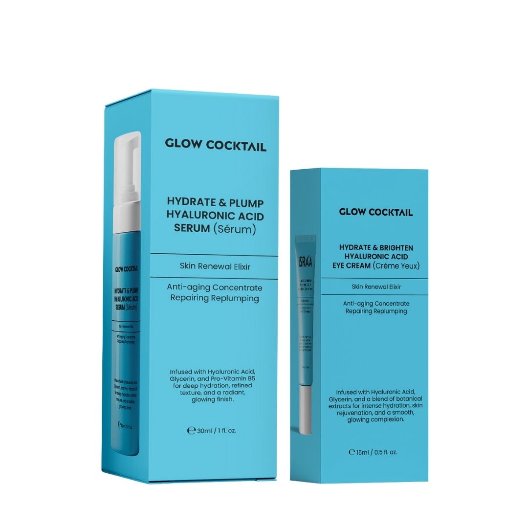 Zwei blaue Produktverpackungen. Links: Serum mit Aufschrift. Rechts: Augencreme mit Aufschrift. Beide mit weißer Schrift.