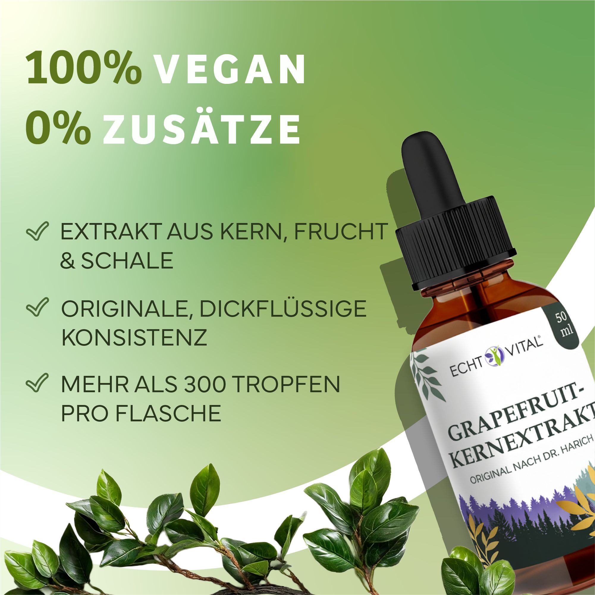 Braune Glasflasche mit schwarzem Tropfer. Etikett mit Produktname und Logo. Text: 100% vegan, 0% Zusätze. Aus Kern, Frucht & Schale.