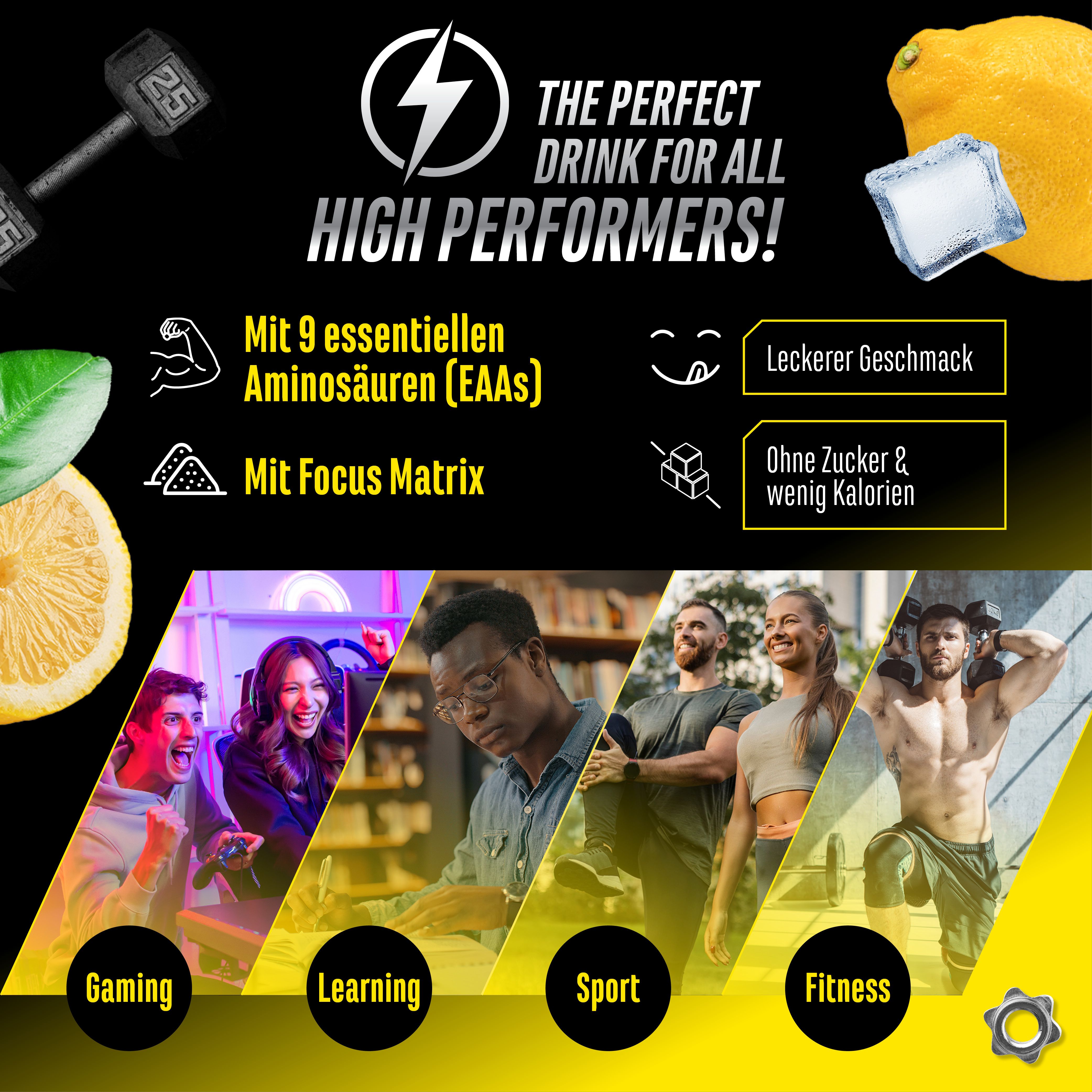 Werbebild für Energy EAA. Text: The Perfect Drink for all High Performers! Mit 9 essentiellen Aminosäuren, Mit Focus Matrix, leckerer Geschmack.