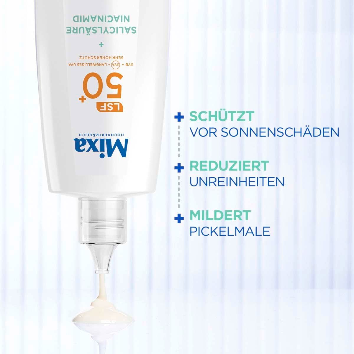 Mixa Tägliches UV Fluid LSF50+ Anti Unreinheiten. Produktflasche mit Spender. Text: Schützt vor Sonnenschäden, reduziert Unreinheiten.