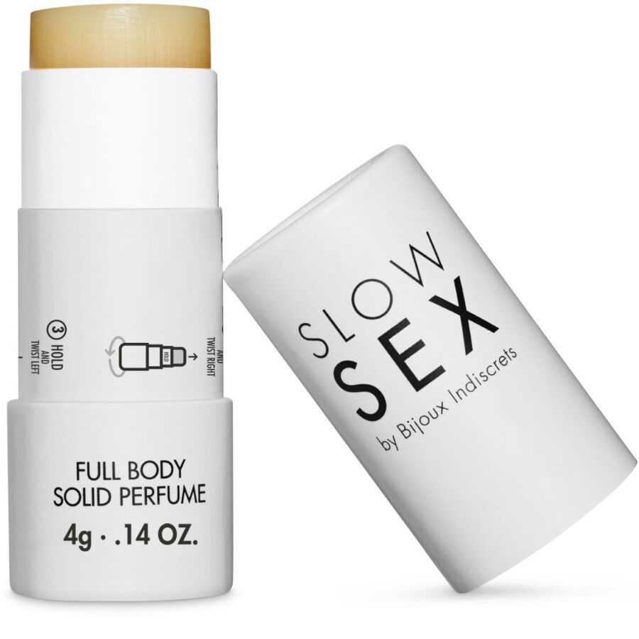 Zylindrischer Behälter, geöffnet. Aufschrift SLOW SEX by Bijoux Indiscrets. Text: FULL BODY SOLID PERFUME, 4g .14 OZ. Produkt sichtbar.