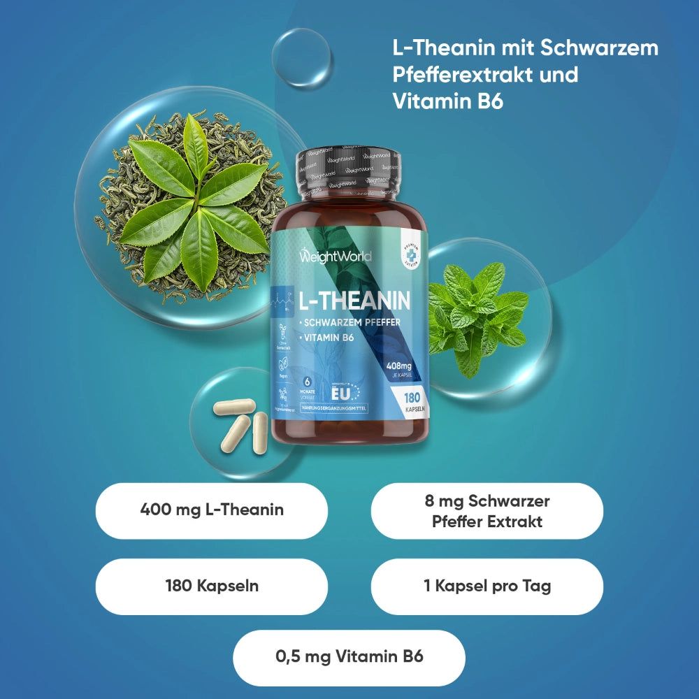 Produktabbildung mit Zutaten: L-Theanin, Pfefferextrakt, Vitamin B6. Flasche mit 180 Kapseln. Zusätzliche Zutaten.