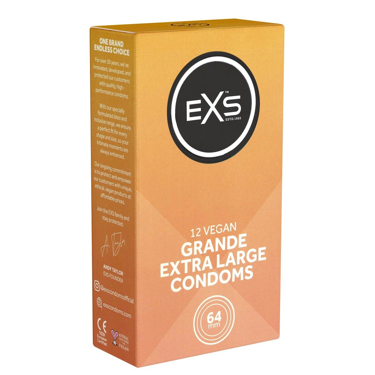 Verpackung mit 12 veganen EXS Grande Extra Large Kondomen, 64mm Breite.