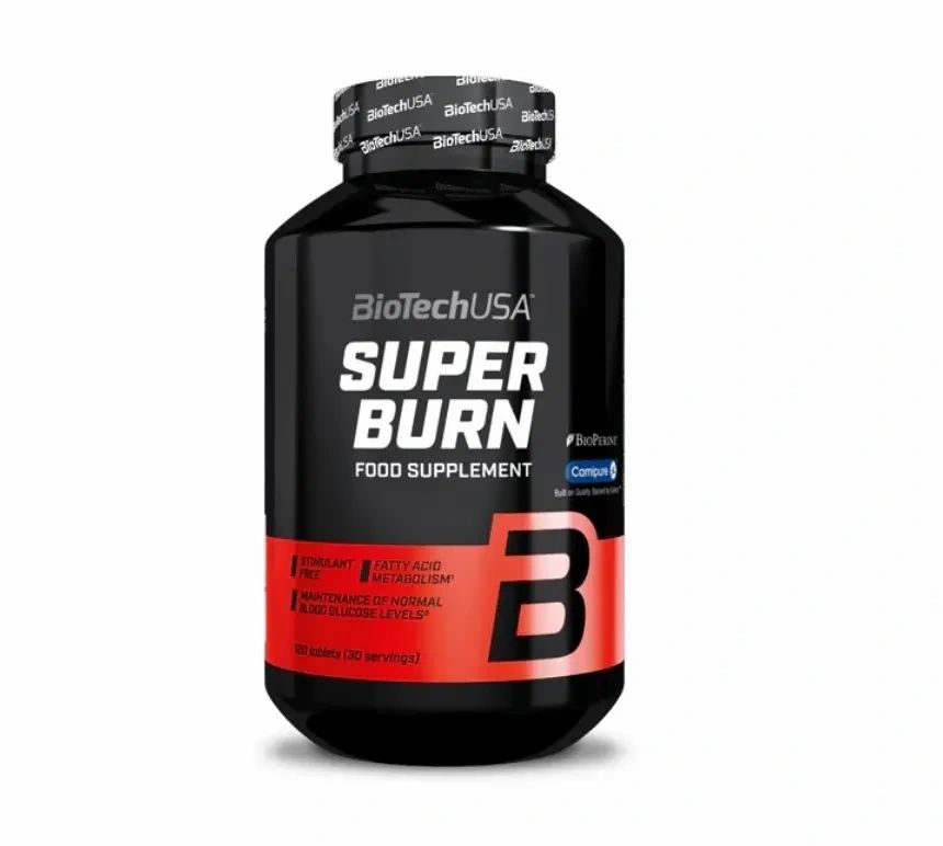 Schwarze Flasche mit rotem Etikett. Aufschrift: BioTechUSA Super Burn Food Supplement. Enthält 100 Tabletten.