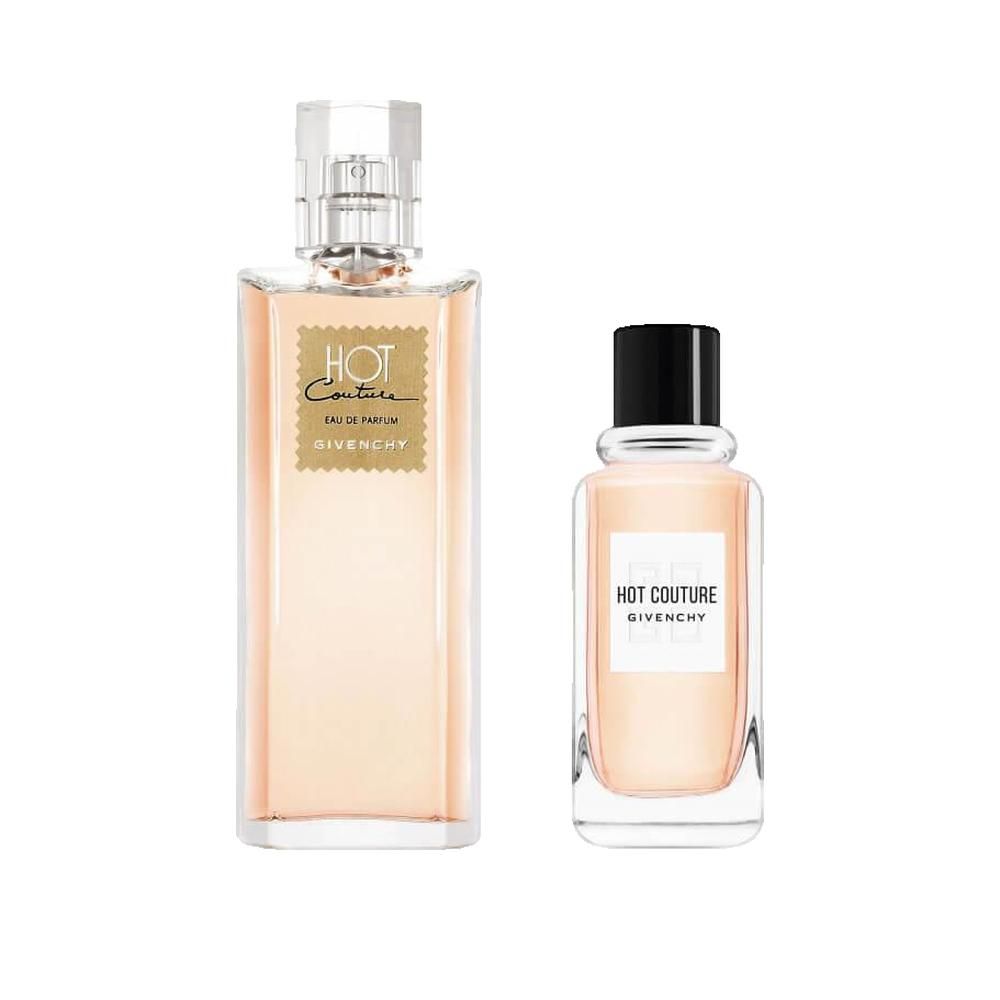 Zwei Flakons Givenchy Hot Couture. Ein hoher, ein kleiner. Beide mit Aufschrift Hot Couture und Givenchy. Transparente Kappen.