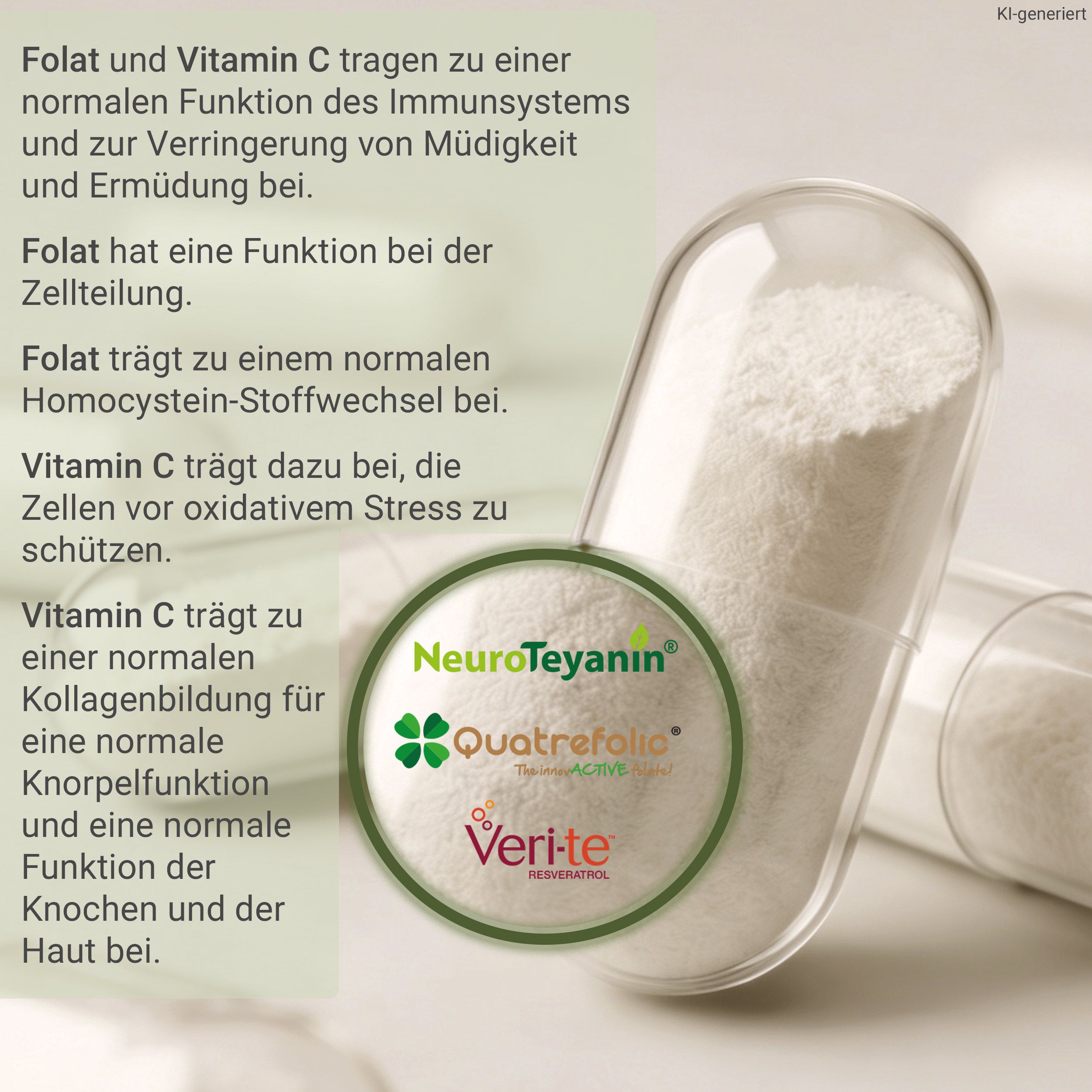 Vergrößerte Ansicht einer Kapsel mit weißem Pulver, Logos von Veri-te, Quatrefolie, NeuroTeyanin.
