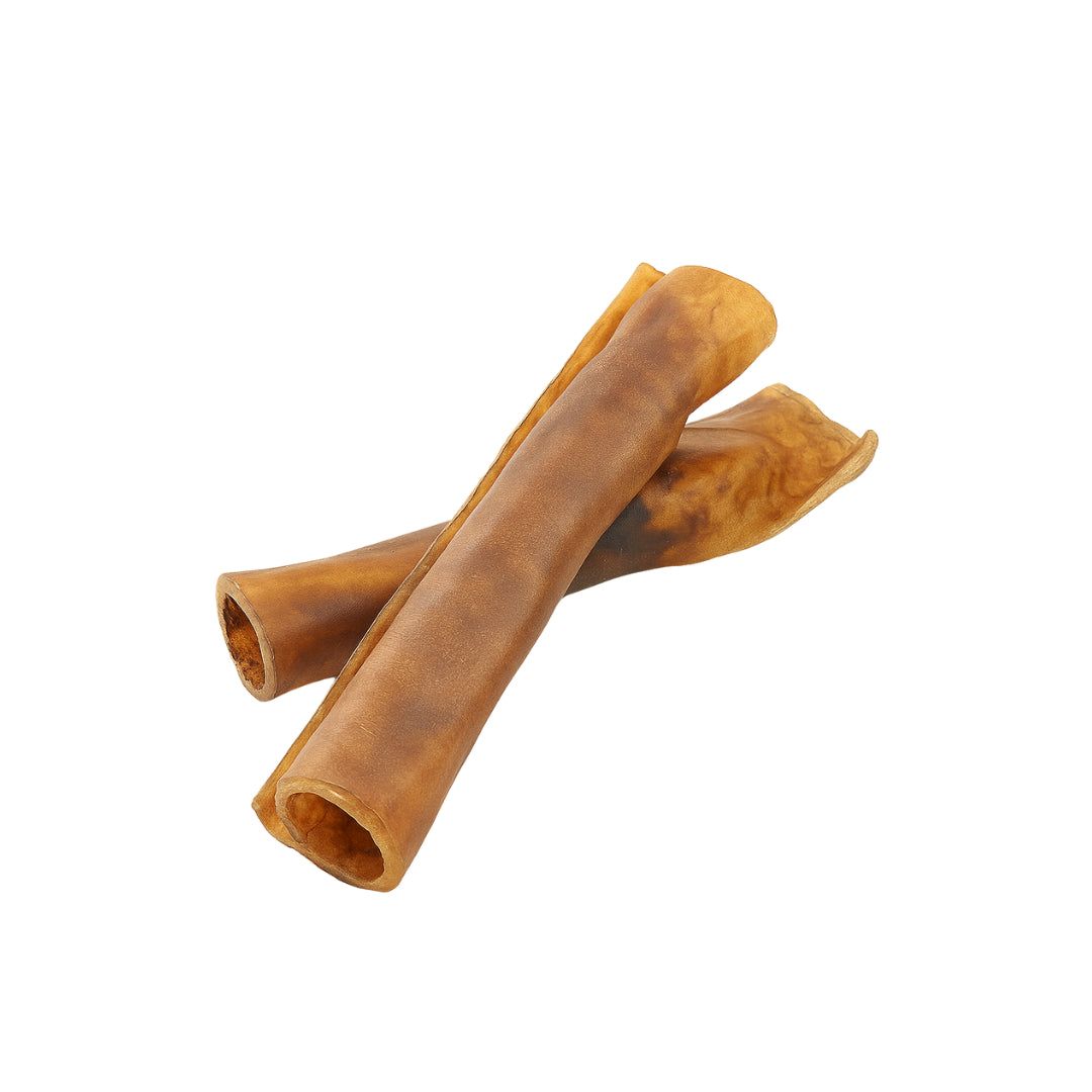 Zwei gerollte, braune Pferdehaut-Kausnacks. Die Enden sind offen und zeigen die hohle Form. Auf weißem Hintergrund.