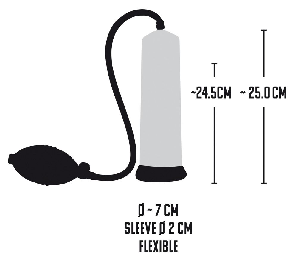 Vereinfachte Darstellung des Produkts. Zylinder mit Pumpe und Schlauch. Maße: ca. 25 cm lang, Durchmesser ca. 7 cm.