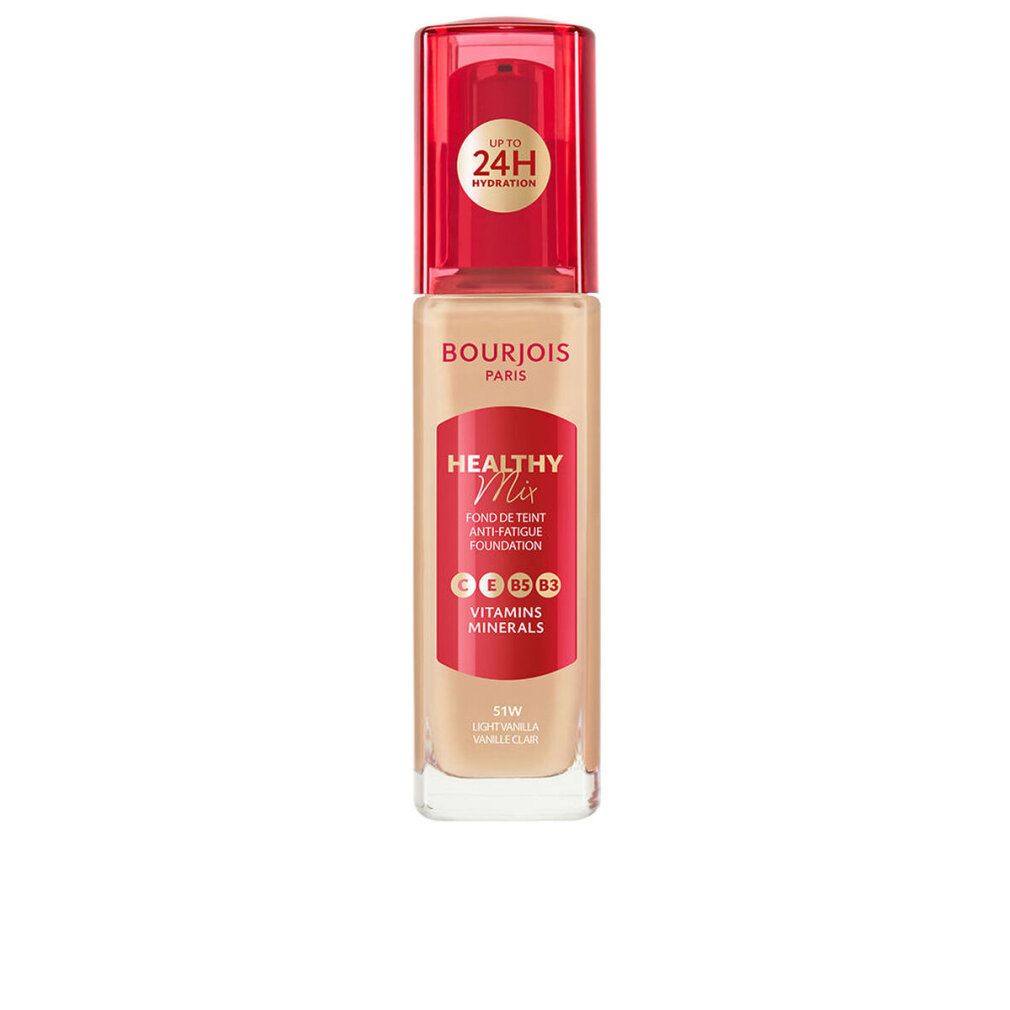 Make-up-Basis mit rotem Deckel. Aufschrift: Bourjois Paris, Healthy Mix, 24H Hydration. Farbton: 51W Light Vanilla.