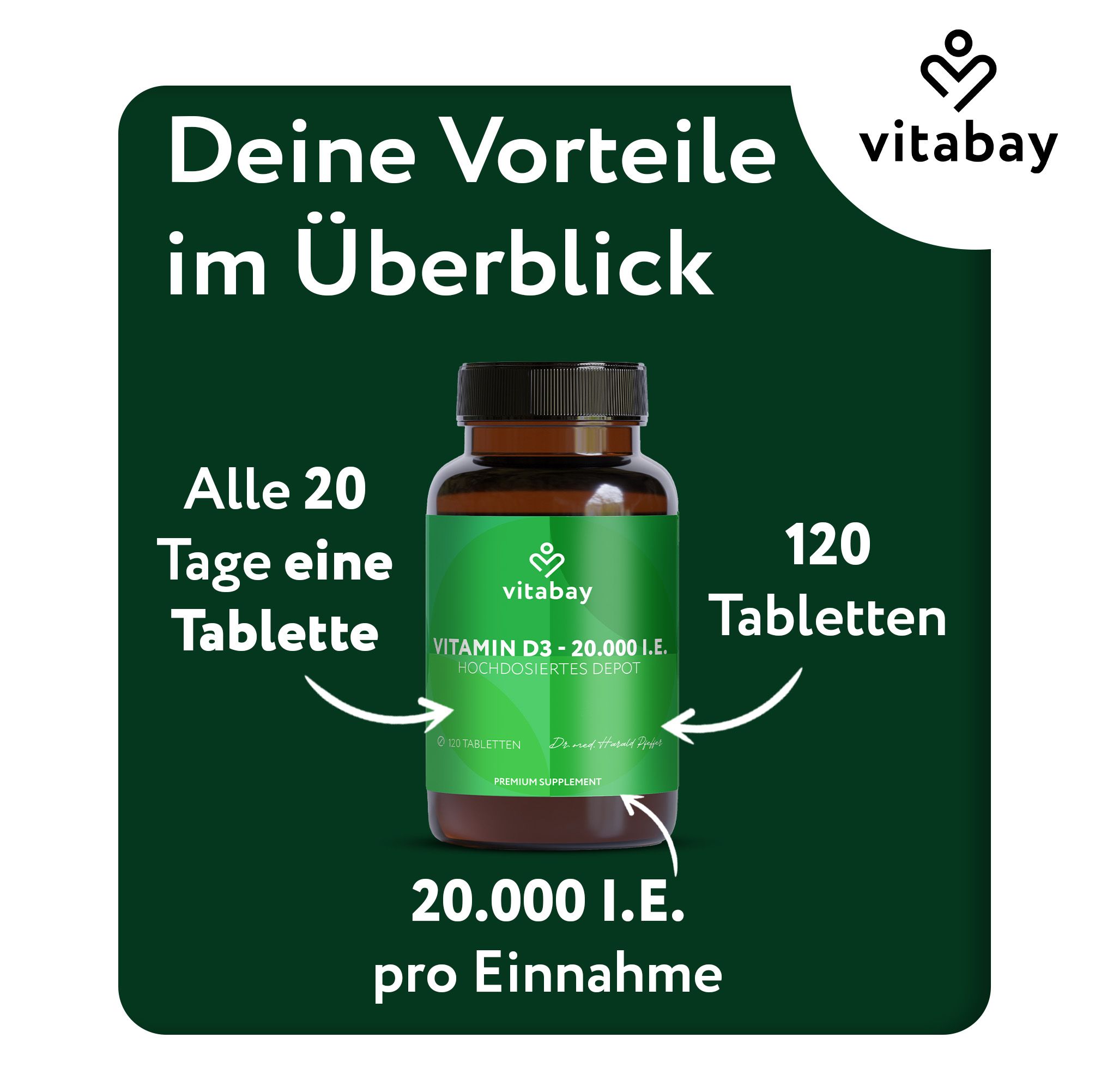 Braune Flasche mit grüner Aufschrift: Vitamin D3 - 20.000 I.E. 120 Tabletten. Vitabay Logo.